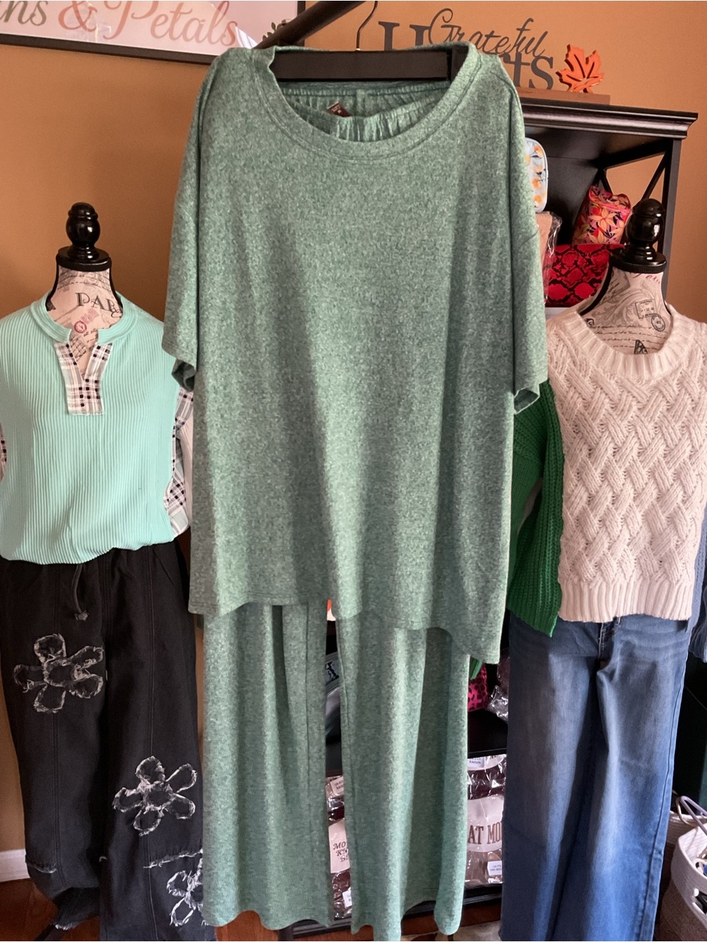 Zenana Sage Green Knit Top and Wide-Leg Pants Set